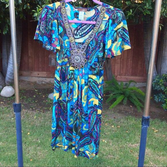 VTG 90s UNWORN BOHO PRINT DRESS W/EMBELLISHED NECKLINE S - Picture 2 of 6